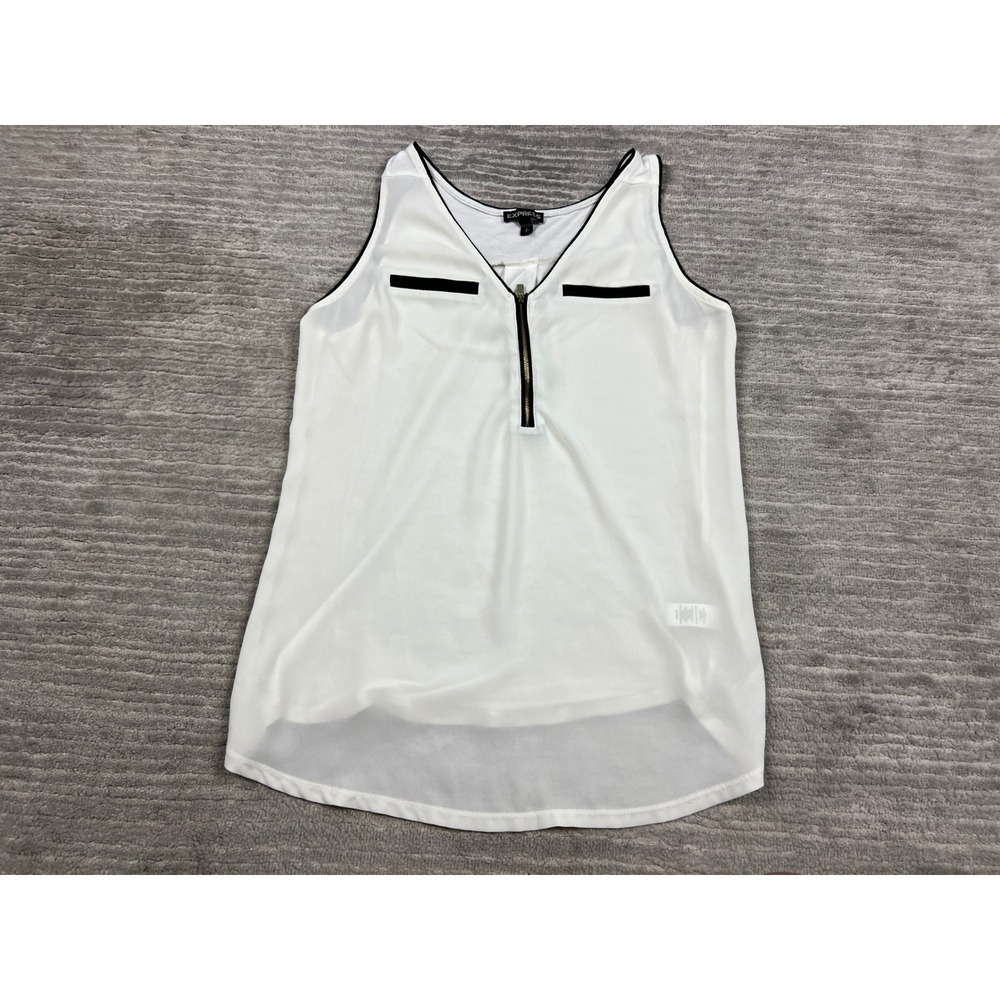 Express Tank Top Womens S White Black Zip V-Neck Mixed Media Hi-Low Trim